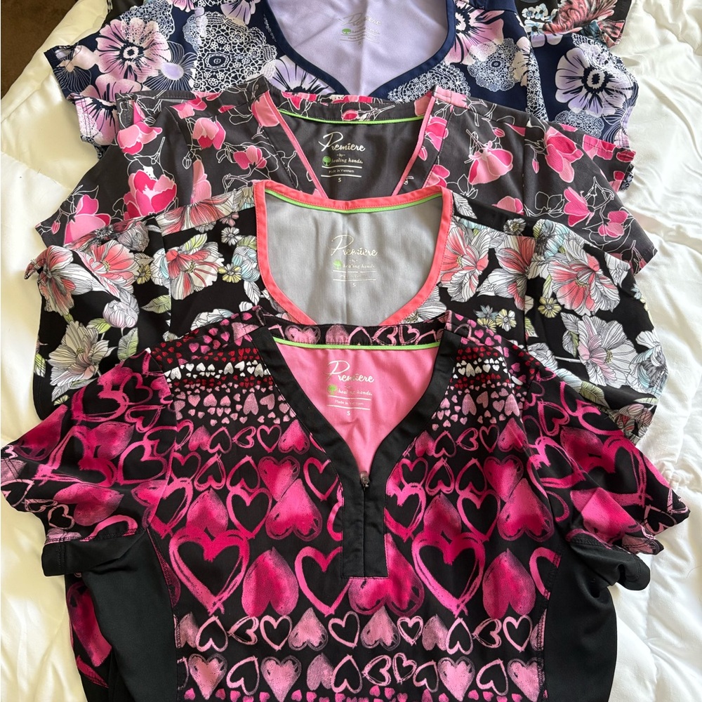 Women's Floral and Heart Print Scrub Tops - Pink and Black